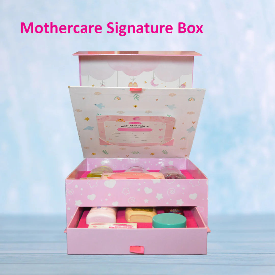 Pink Mothercare signature box with toys on a light blue background