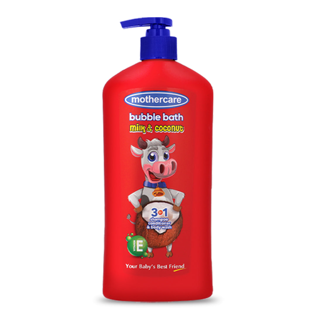 Red bottle of Mothercare bubble bath with a cow character on a white background