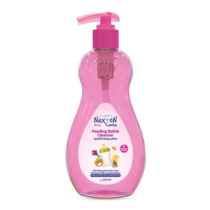 Pink bottle of Nexton Baby Feeding Bottle Cleanser on a white background