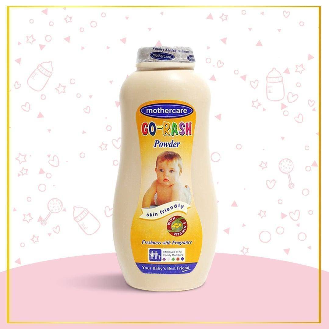 Mothercare Go-Rash powder bottle on a pink background with baby icons.
