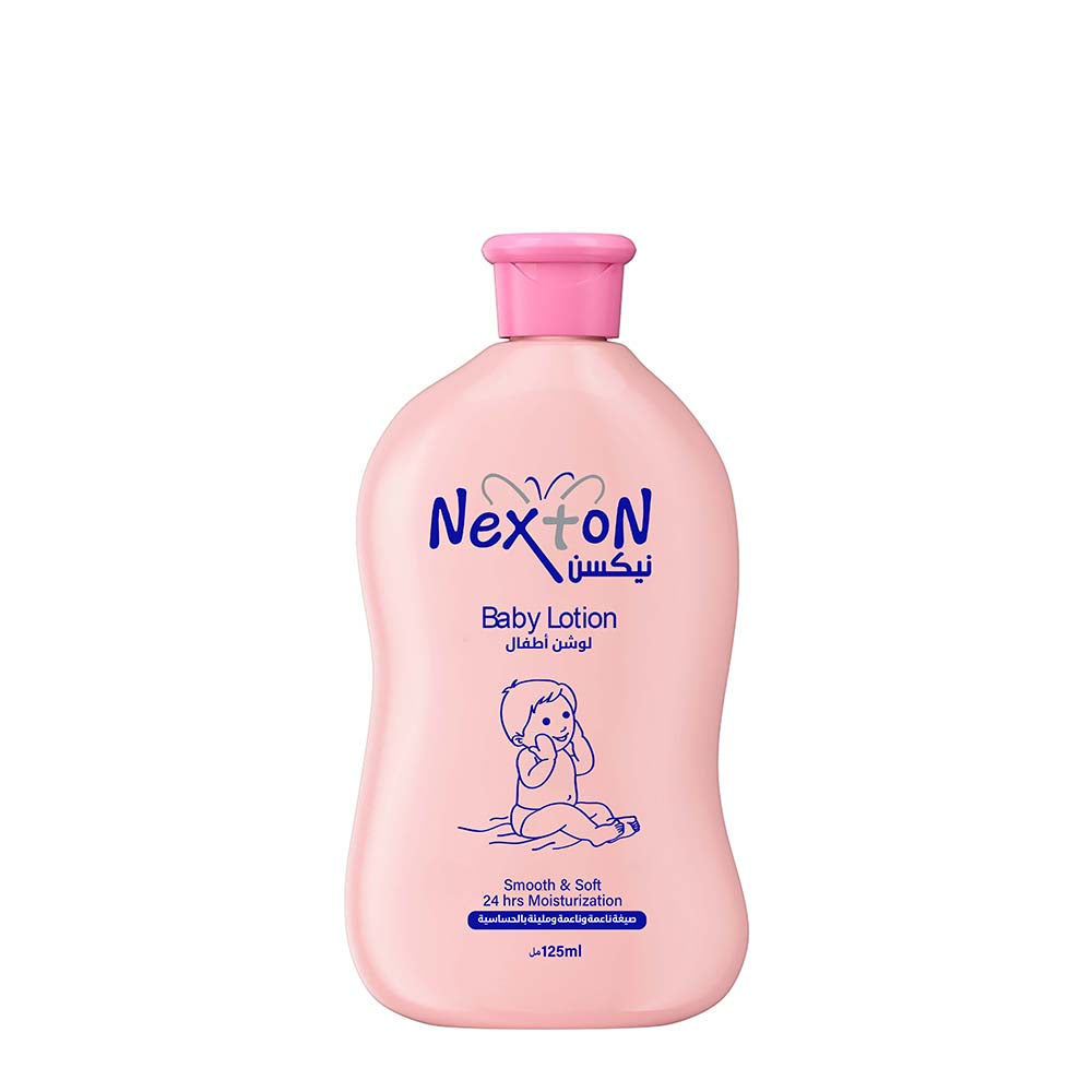 Pink bottle of Nexton baby lotion on a white background