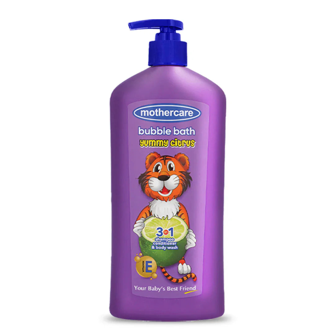 Purple Mothercare bubble bath bottle with a cartoon tiger on a white background