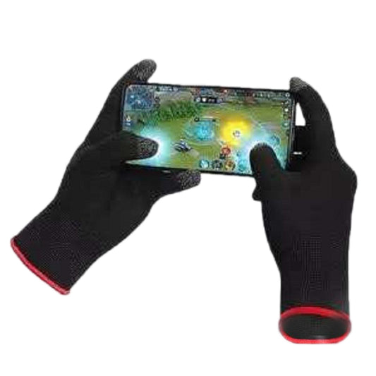 Black touch screen gloves holding a smartphone with a game displayed on the screen.