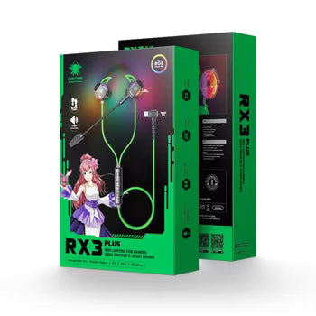 Green packaging box for RX3 Plus headphones with character illustration on a white background