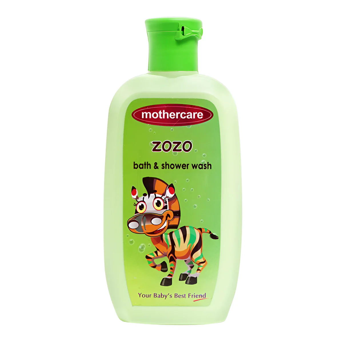 Green bottle of Mothercare ZOZO bath and shower wash with a cartoon zebra on a white background