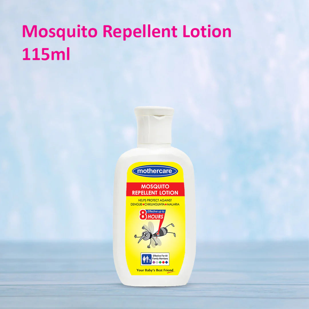 Mothercare mosquito repellent lotion bottle on a blue background
