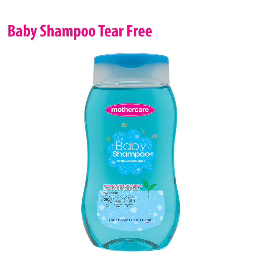 Blue bottle of Mothercare baby shampoo on a white background