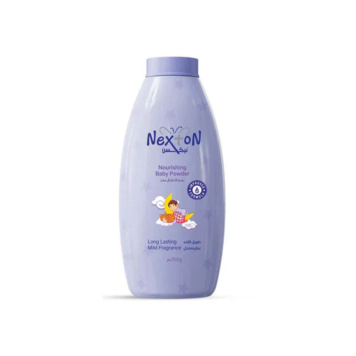 Nexxon nourishing baby powder bottle on a white background