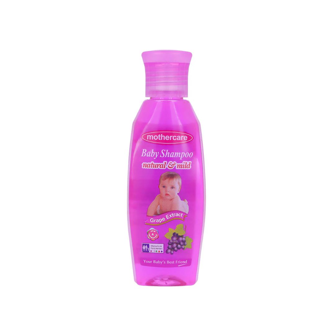 Pink bottle of Mothercare baby shampoo on a white background