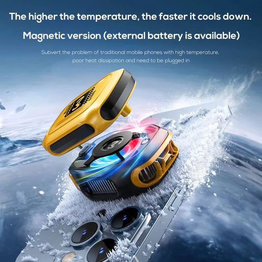 Two yellow and black devices on a snowy background with text about temperature cooling and magnetic version.