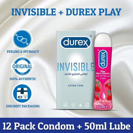 Durex Invisible Condoms pack of 12's with Durex Very Cherry Lubricant 50ML.