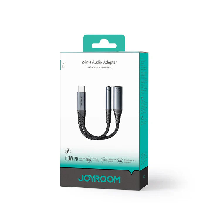 Joyroom SY-C02 2-in-1 Audio Adapter – Type-C to 3.5mm + Type-C | Fast Charging & Audio Sync – Black