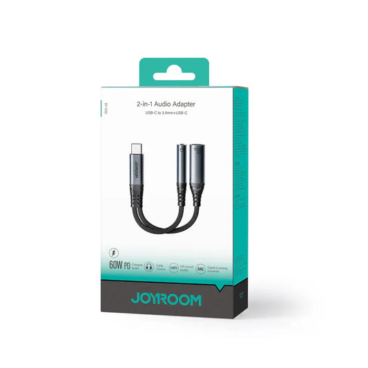 Joyroom SY-C02 2-in-1 Audio Adapter – Type-C to 3.5mm + Type-C | Fast Charging & Audio Sync – Black