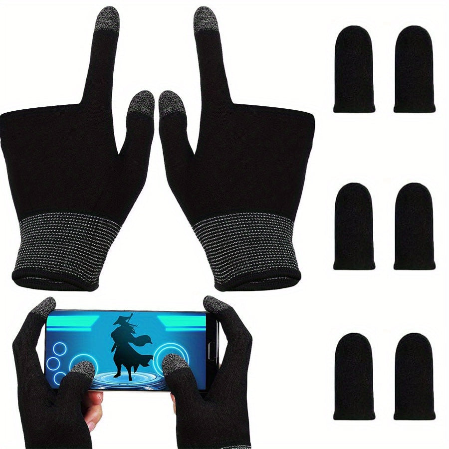 Black touchscreen gloves with additional finger covers on a white background

