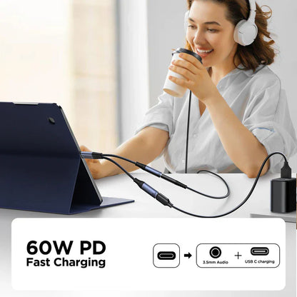 Joyroom SY-C02 2-in-1 Audio Adapter – Type-C to 3.5mm + Type-C | Fast Charging & Audio Sync – Black