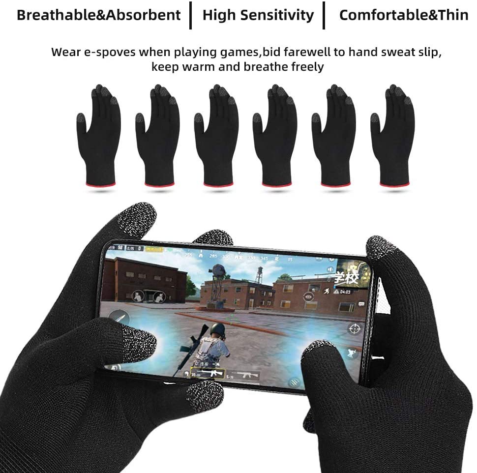 Black gloves with text highlighting features, worn by hands playing a game on a smartphone.

