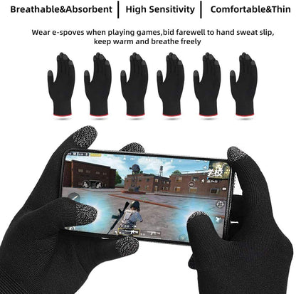 Black gloves with text highlighting features, worn by hands playing a game on a smartphone.

