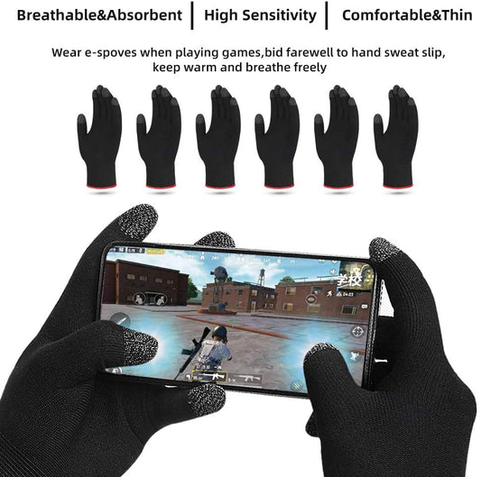 Black gloves with text highlighting features, worn by hands playing a game on a smartphone.

