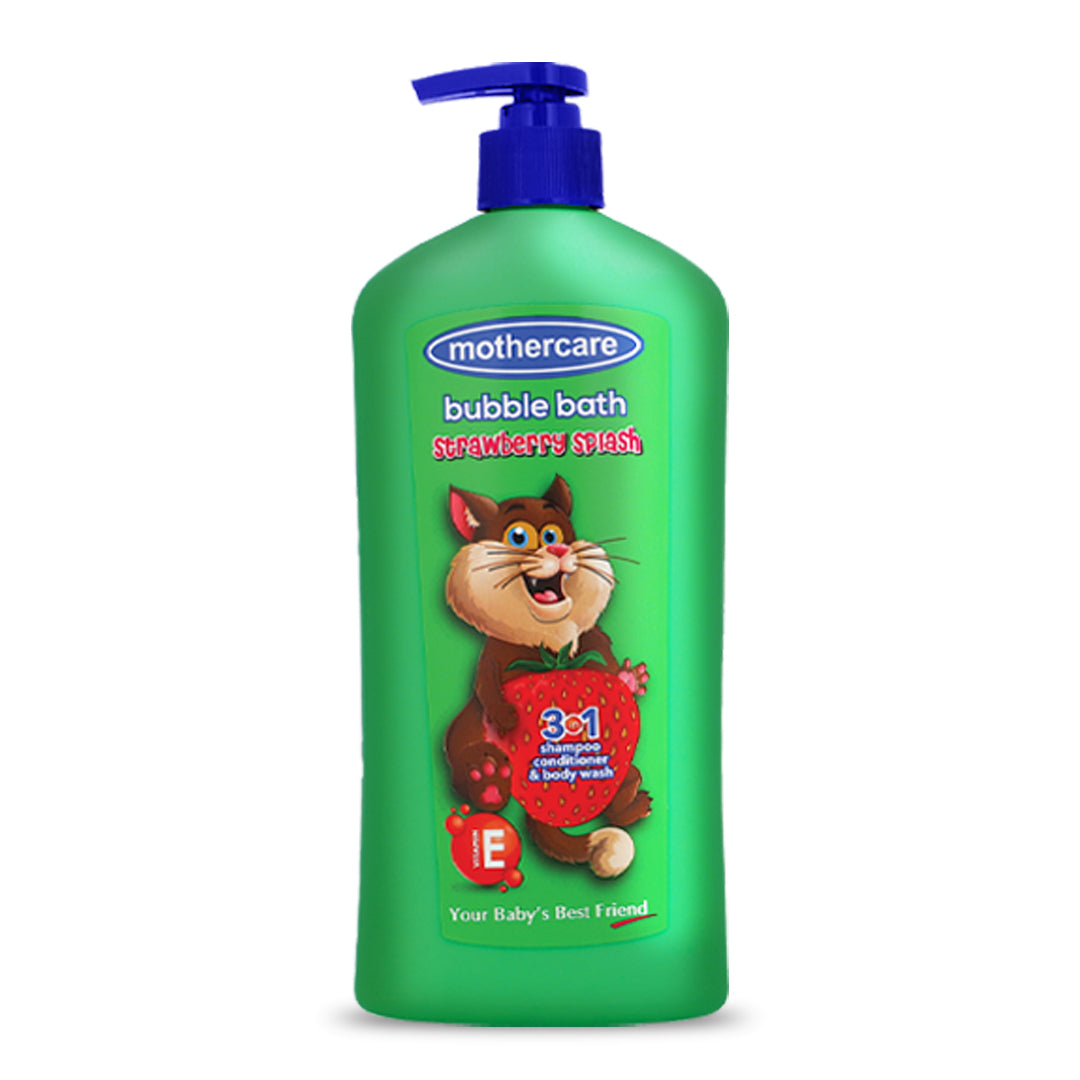 Green bottle of Mothercare bubble bath with a cartoon cat character on a white background

