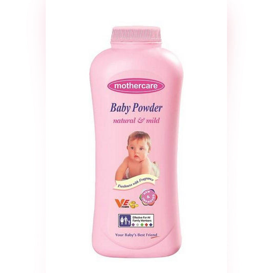 Pink bottle of Mothercare baby powder on a white background

