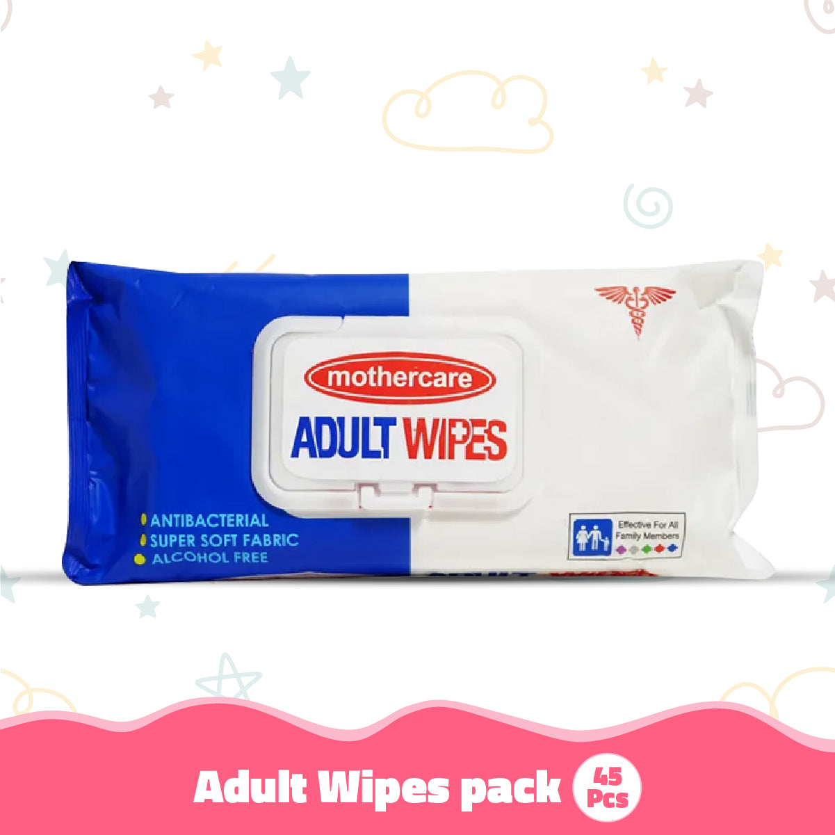 Mothercare adult wipes pack on a white background with decorative elements.

