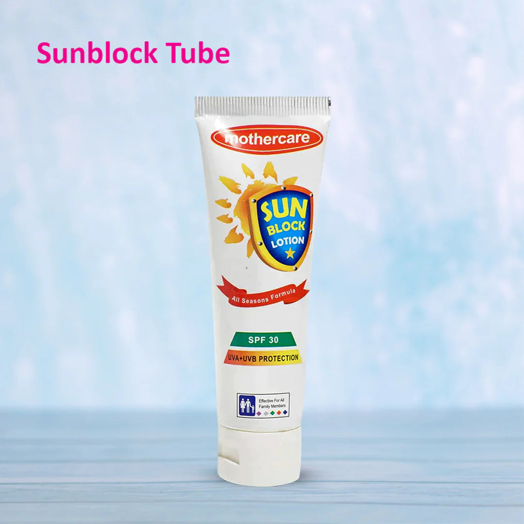 Sunblock tube with 'Mothercare' branding on a light blue background

