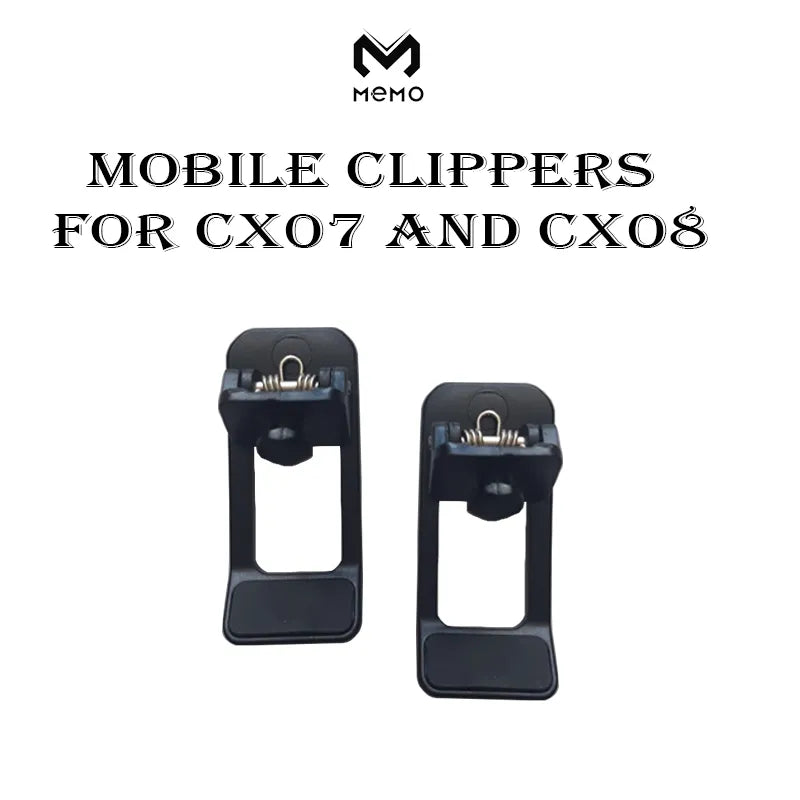 Two black mobile clippers for CX07 and CX08 with Memo branding on a white background.

