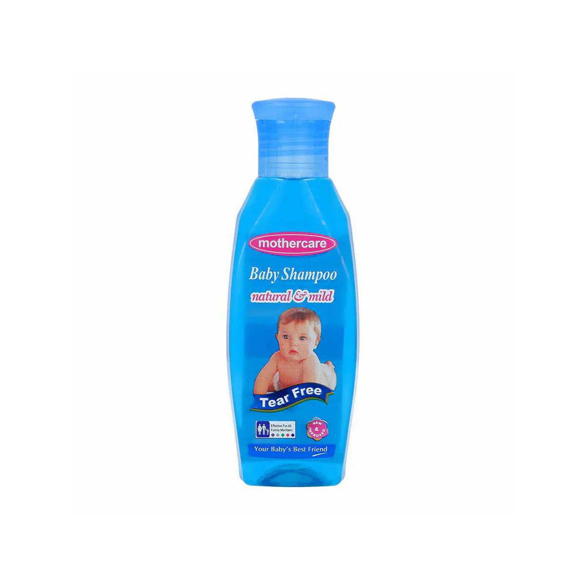 Blue bottle of Mothercare baby shampoo on a white background

