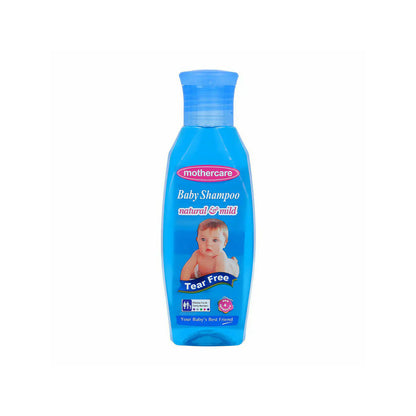 Blue bottle of Mothercare baby shampoo on a white background

