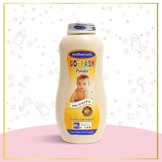 Mothercare Go-Rash powder bottle on a pink background with baby icons.

