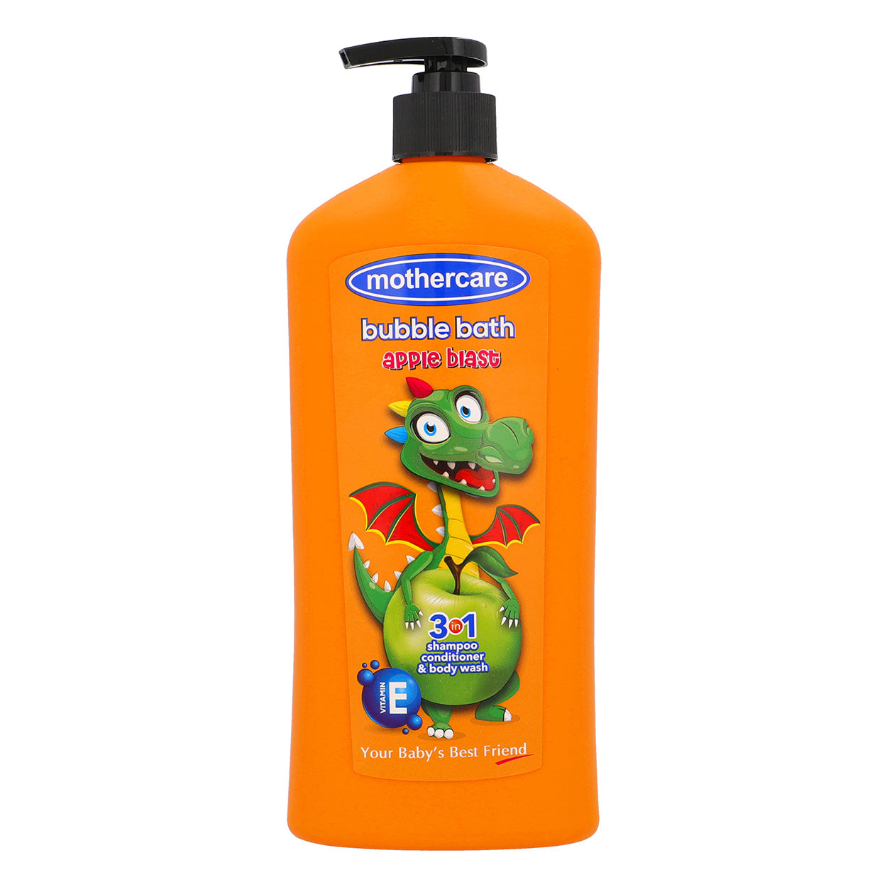 Orange bottle of Mothercare bubble bath with a dragon design on a white background

