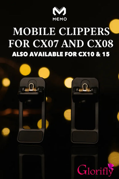 Advertisement for mobile clippers with 'Memo' and 'Glorify' branding on a dark background with blurred lights.

