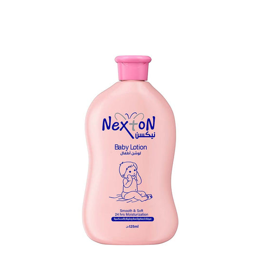 Pink bottle of Nexton baby lotion on a white background

