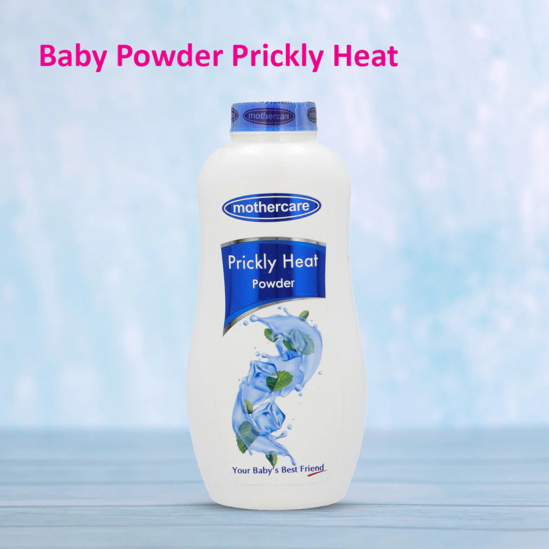 Mothercare Prickly Heat powder bottle on a light blue background

