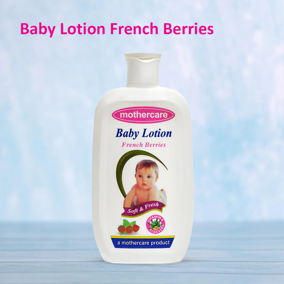 Mothercare Baby Lotion French Berries on a light blue background

