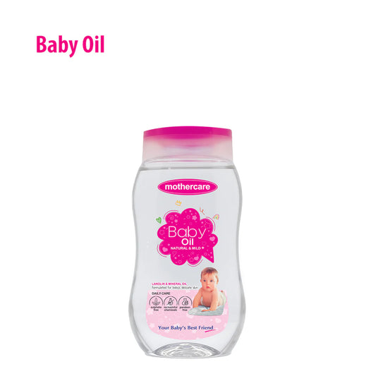 Mothercare baby oil bottle with pink cap on a white background


