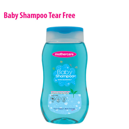 Blue bottle of Mothercare baby shampoo on a white background


