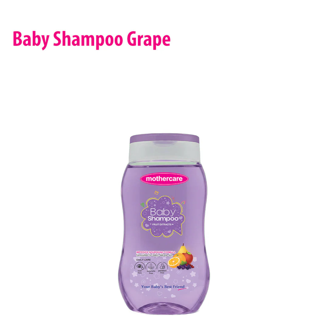 Purple bottle of Mothercare baby shampoo with grape flavor on a white background

