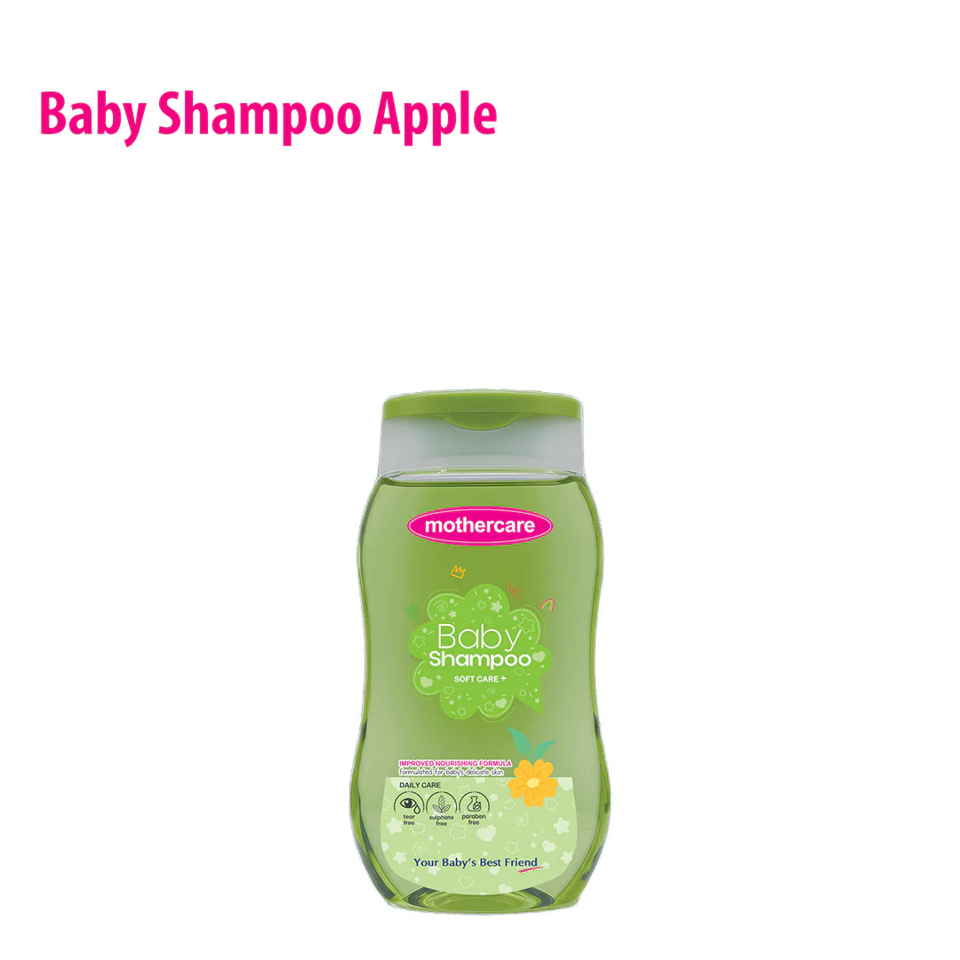 Green bottle of Mothercare baby shampoo with apple flavor on a white background

