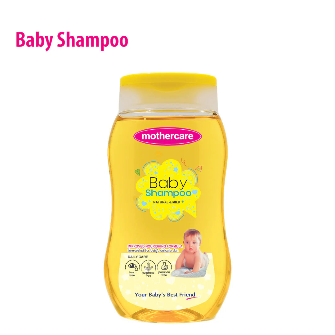 Yellow bottle of Mothercare baby shampoo on a white background

