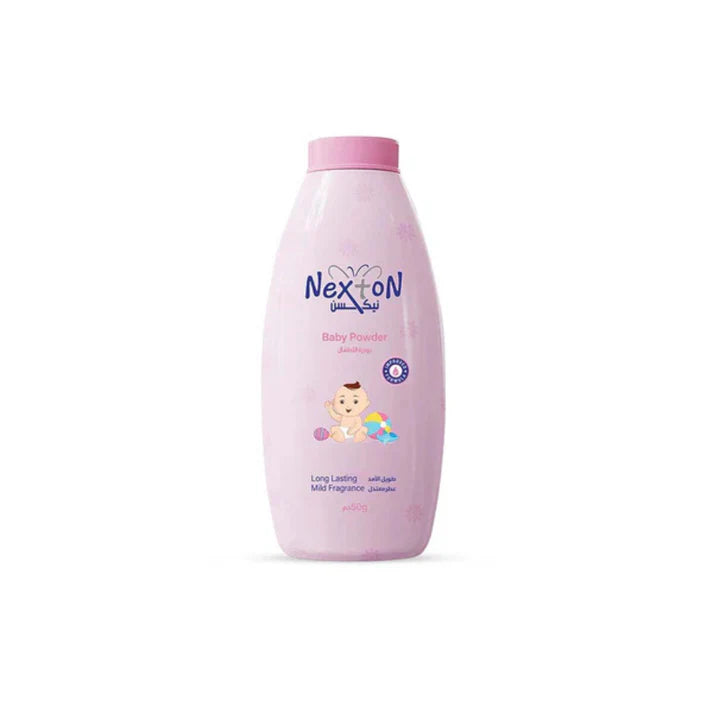 Pink bottle of Nexton baby powder on a white background

