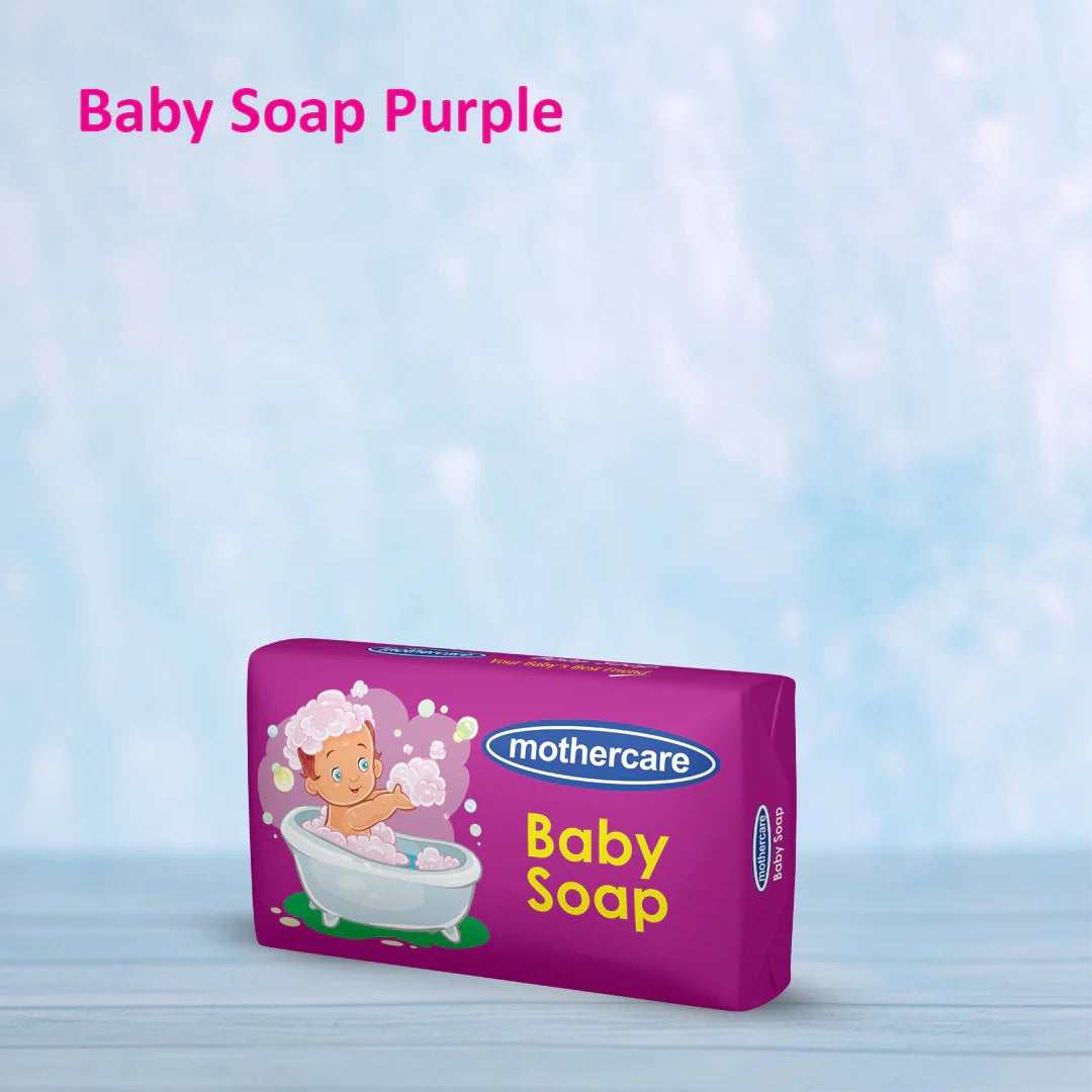 Purple package of Mothercare baby soap on a light blue background

