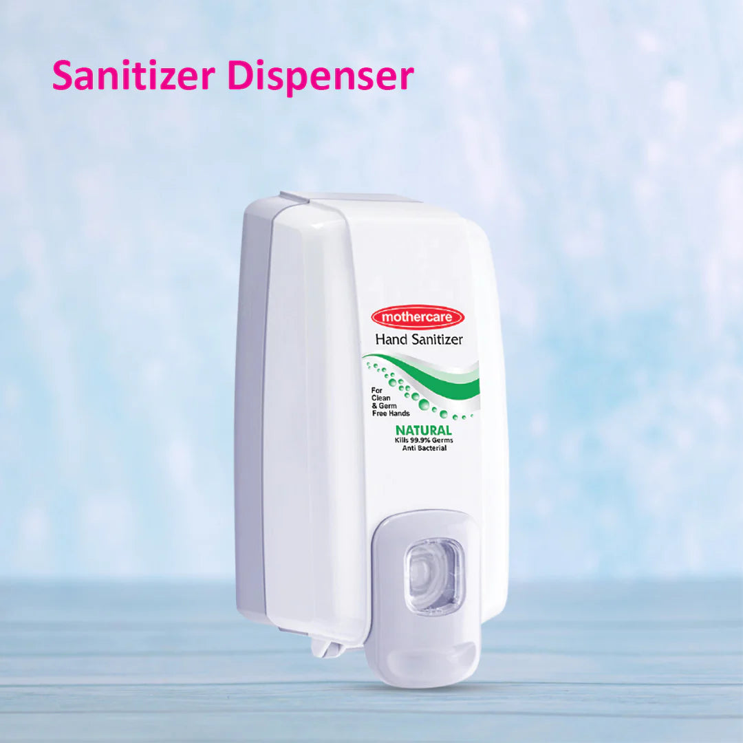 Hand sanitizer dispenser with 'mothercare' branding on a light blue background

