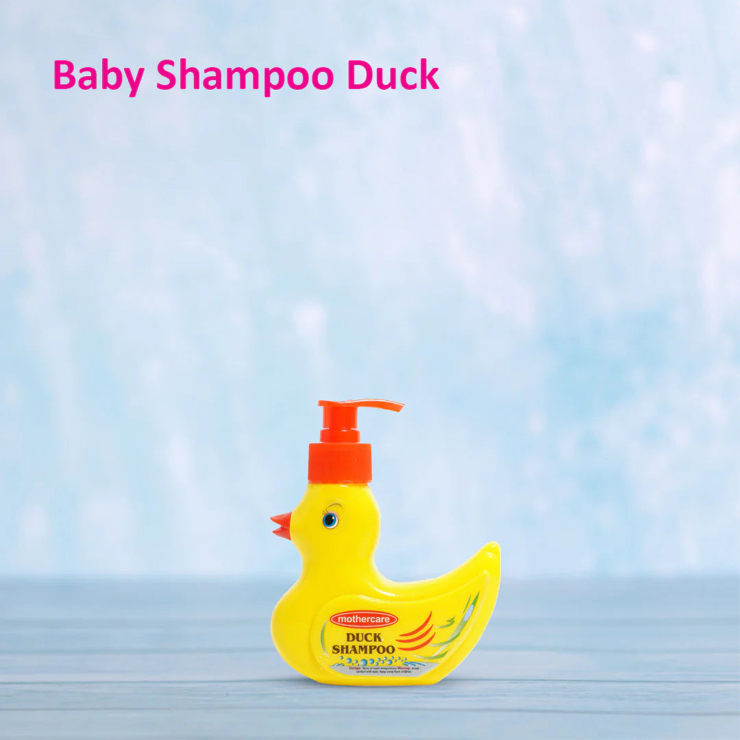 Yellow duck-shaped baby shampoo bottle with red pump on a light blue background

