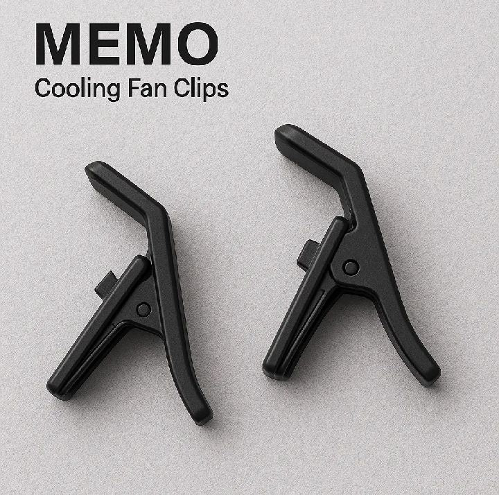 Two black cooling fan clips on a light gray background with 'MEMO' branding.

