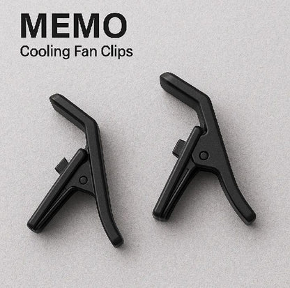 Two black cooling fan clips on a light gray background with 'MEMO' branding.

