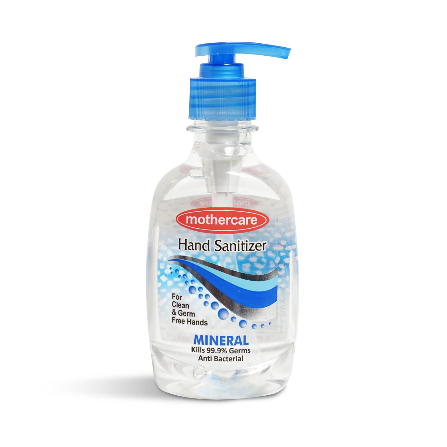 Mothercare hand sanitizer bottle with blue pump on a white background

