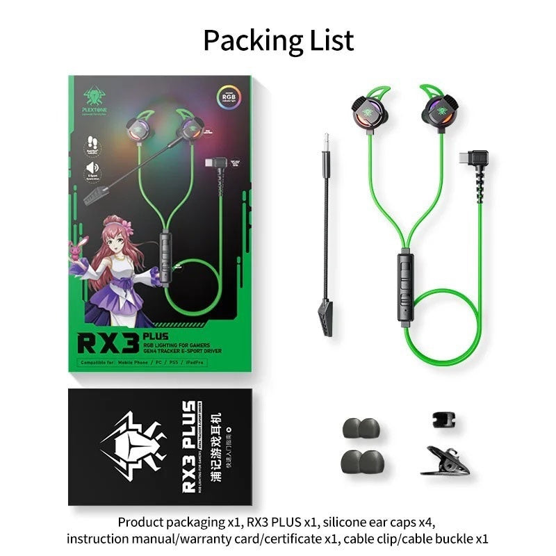 Packing list of RX3 PLUS gaming earphones with packaging, ear caps, and accessories on a white background.

