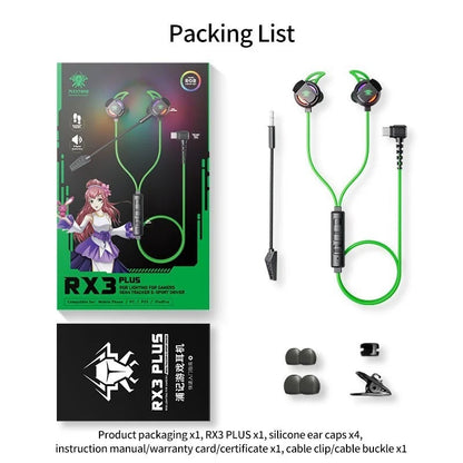 Packing list of RX3 PLUS gaming earphones with packaging, ear caps, and accessories on a white background.

