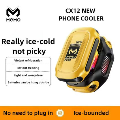 Memo CX12 phone cooler with features listed on a white background

